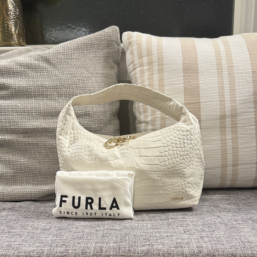 Furla Cream/ White Croc-Embossed Hobo Bag with Furla Dust Bag